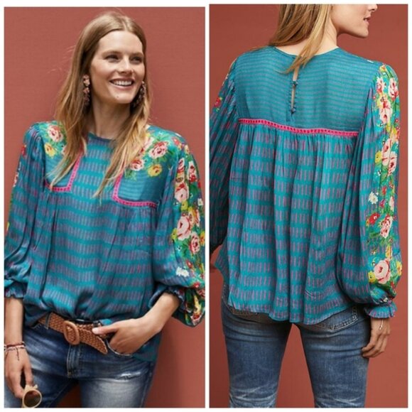 Anthropologie Blnk London Blue Pink Floral Top - Picture 1 of 9